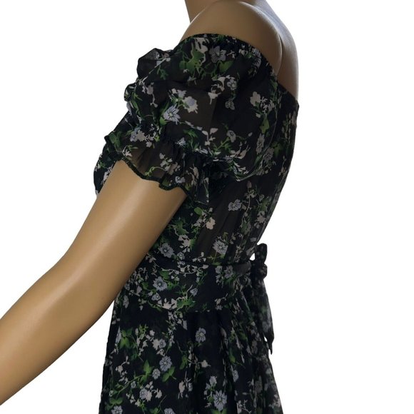 Womens Boho Playsuit Romper Medium M Black Green Floral Off The Shoulder Lined - Picture 6 of 16